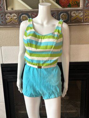 Vtg Aqua Striped CATALINA Belted One-Piece Swimsuit Bathing Suit Size 12/36”